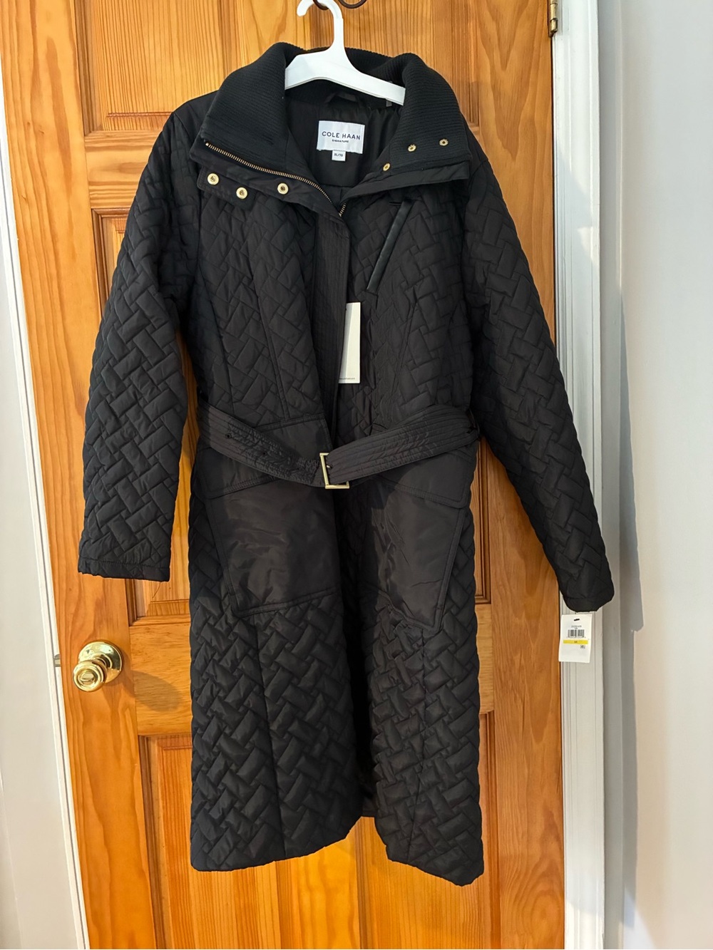 Cole Haan Black Quilted Belted Long Puffer Coat